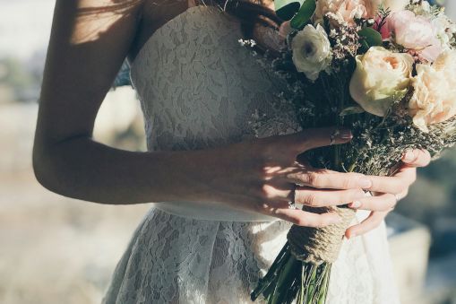 A bride in a lace wedding dress holding a bouquet of flowers, with a blurred outdoor background visible.